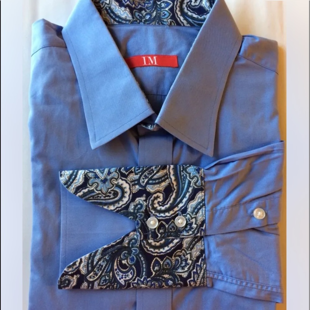 IM Men Dress Shirt Blue Paisley Accent French Cuff XL 100% Cotton Long Sleeve